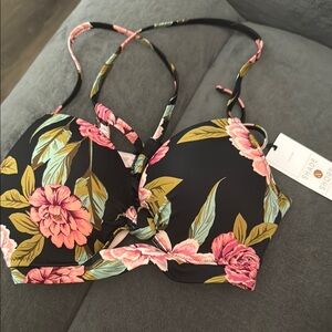 Shade & Shore Black Bikini Top with Pink Floral Design